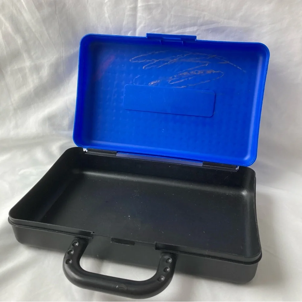Retro SpaceMaker Pencil Box Blue Black w Handle 11
